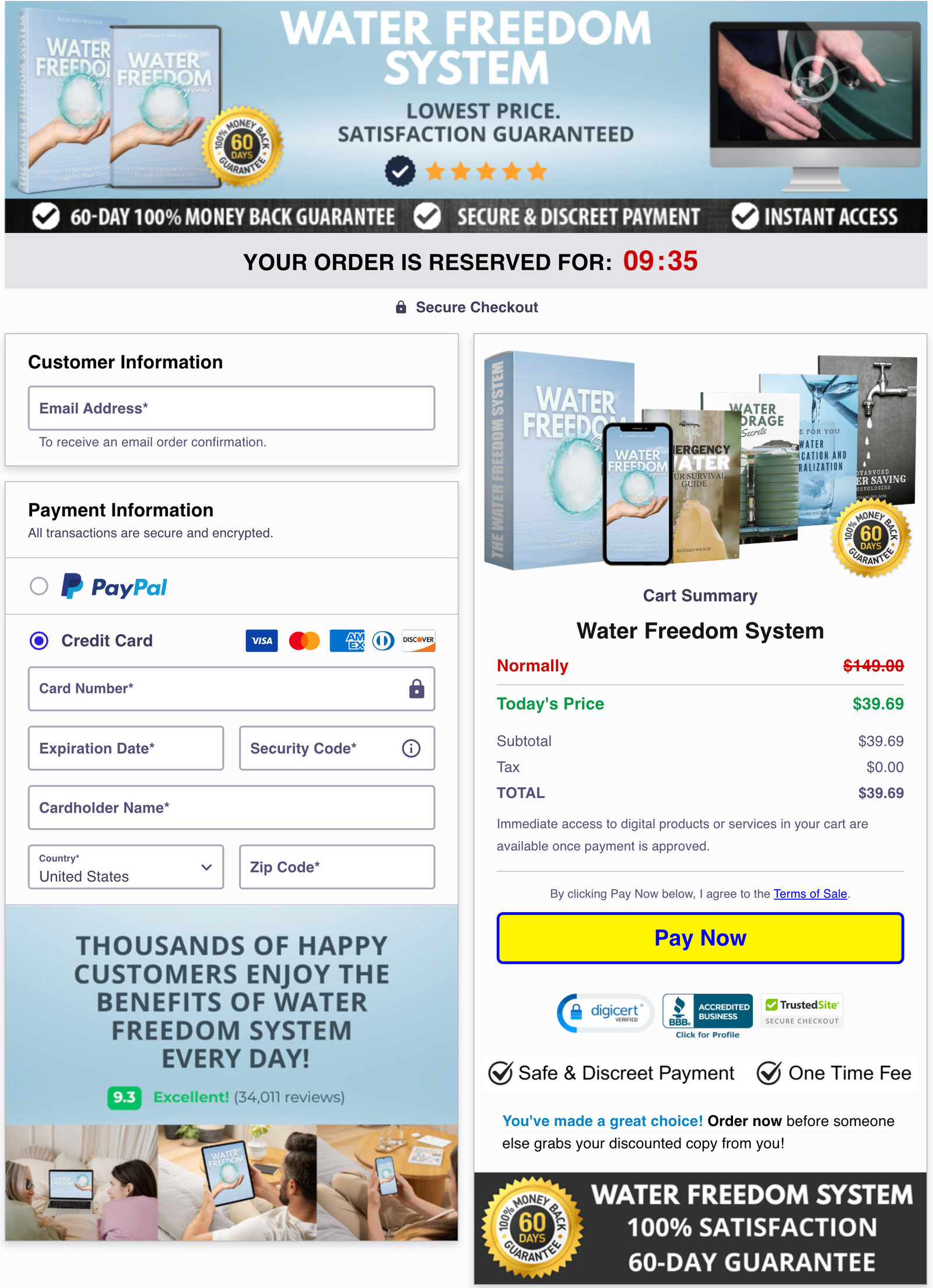 Screenshot of the secure Water Freedom System checkout page